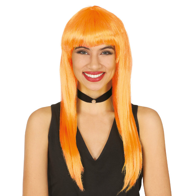 Vista frontal del peluca larga en color amarillo, azul, blanco, castaño, naranja, negro, rojo, rosa, rubio y verde