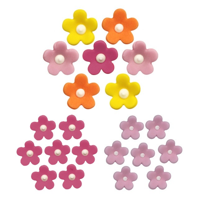 Vista principal del figuras de azúcar de flores de colores - Creative Party - 7 unidades en color fucsia, multicolor y rosa