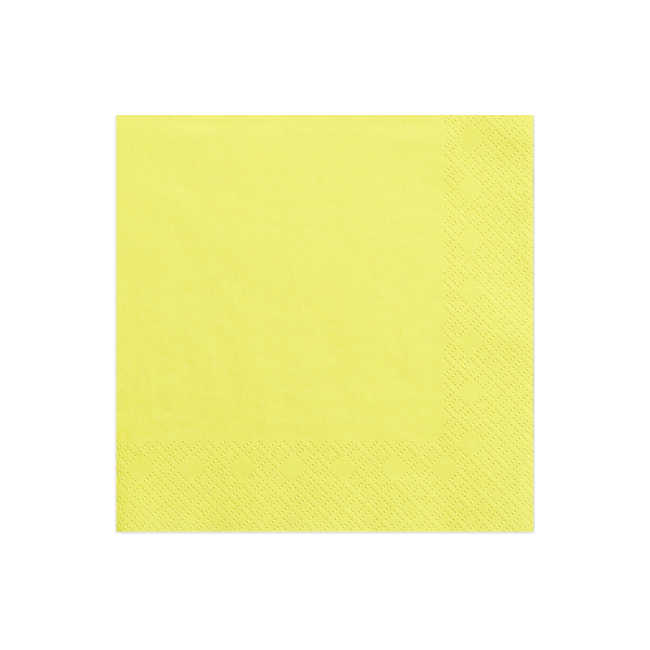 Vista frontal del servilletas de 16,5 x 16,5 cm - 20 unidades en color amarillo, azul, azul naval, blanco, fucsia, lila, menta, negro, rojo, rosa, rosa bebé, rosa claro, salmón, turquesa, verde y verde oscuro