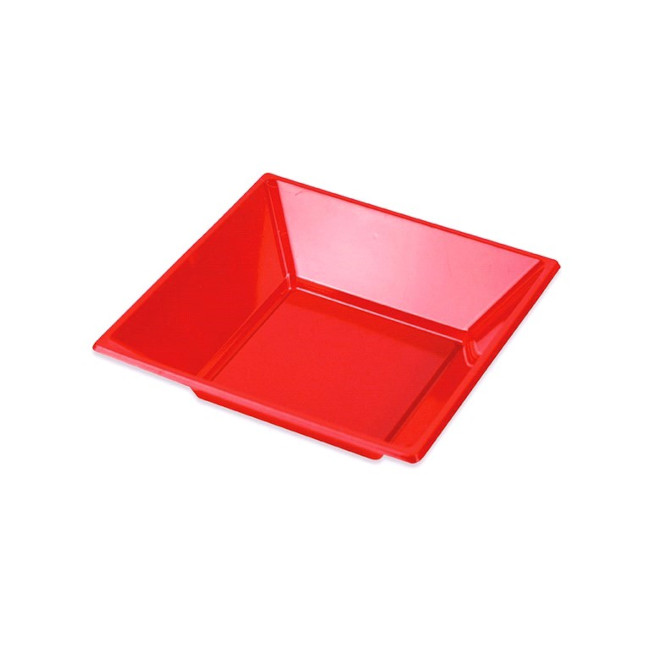 Vista frontal del platos cuadrados hondos de 17 cm - Maxi Products - 25 unidades en color blanco, negro y rojo