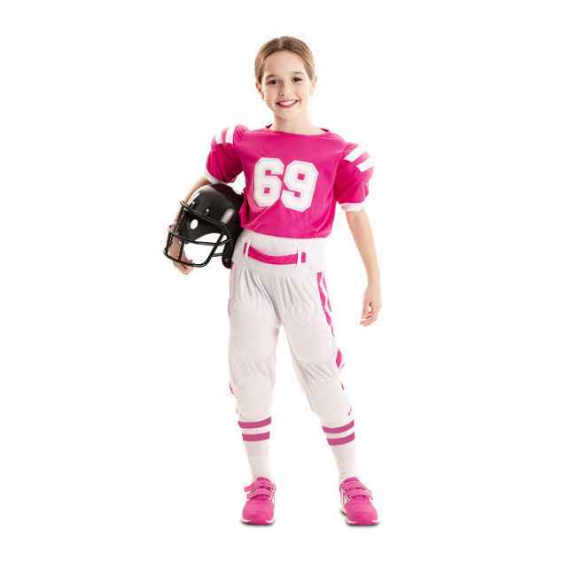 Vista delantera del disfraz de jugadora de Fútbol Americano rosa en tallas 5 a 12 años