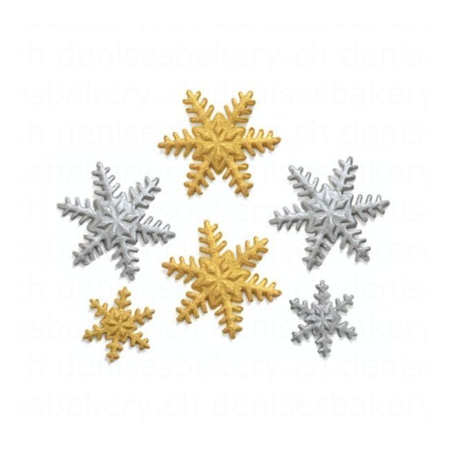 Vista frontal del figuras de azúcar de copos de nieve dorados y plateados - Decora - 9 unidades en stock