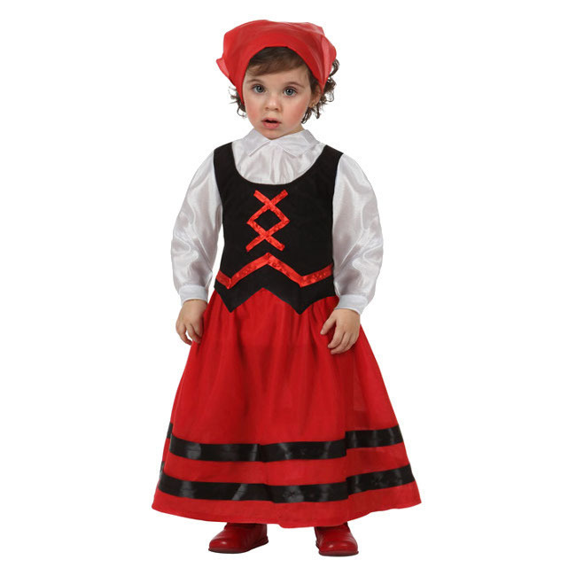 Vista frontal del disfraz de pastorcita rojo y negro en tallas 6 a 24 meses