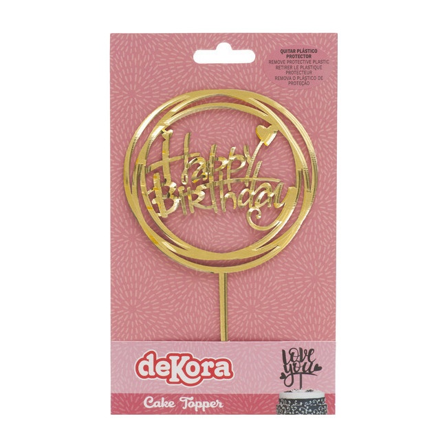 Foto detallada de topper para tarta Happy Birthday dorado con corazones - Dekora