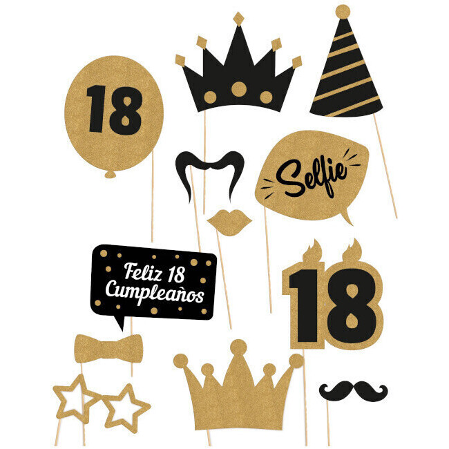 Kit para photocall de Felices 18 dorado y negro - 12 unidades por