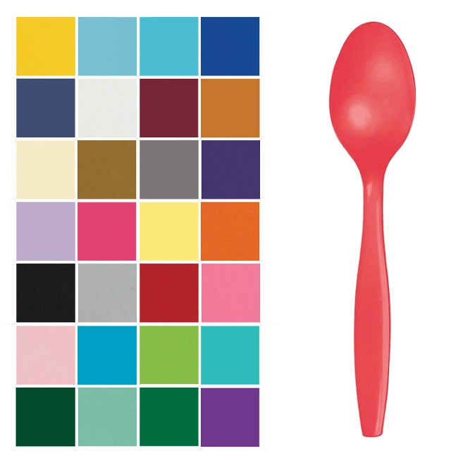 Vista principal del cucharas de plástico de 15,5 cm - 24 unidades en color amarillo, azul bebé, azul marino, blanco, dorado, lila, naranja, negro, plateado, rojo, rosa, rosa bebé, verde, verde menta y verde oscuro