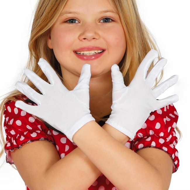 Vista delantera del guantes cortos infantiles de 17 cm en color blanco, negro y rojo