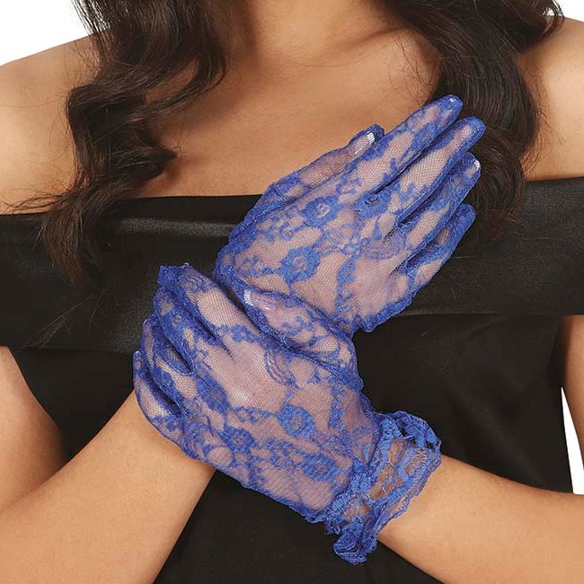 Vista frontal del guantes cortos de encaje de 22 cm en color azul, azul oscuro, blanco, lila, negro y rojo