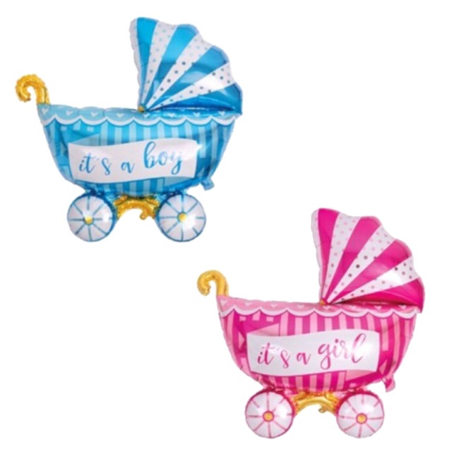 Vista frontal del globo silueta carrito bebé de 98 cm - Amber en color azul y rosa