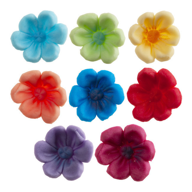 Vista delantera del figuras de azúcar de flores de colores de 2,5 cm - Dekora - 150 unidades en stock