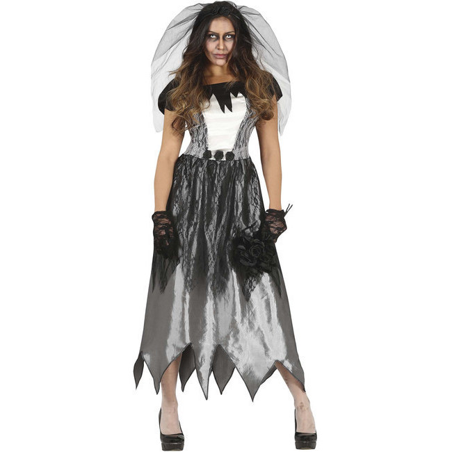 Vista frontal del disfraz de novia fantasma con velo en stock