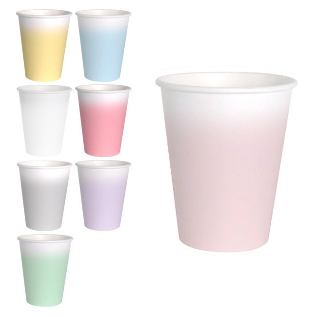 Vista frontal del vasos compostables Meri de 255 ml - 8 unidades en color amarillo, azul, blanco, fucsia, gris, lila, rosa y verde