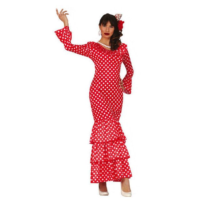 Vista principal del disfraz de flamenca con lunares rojo y blanco en stock