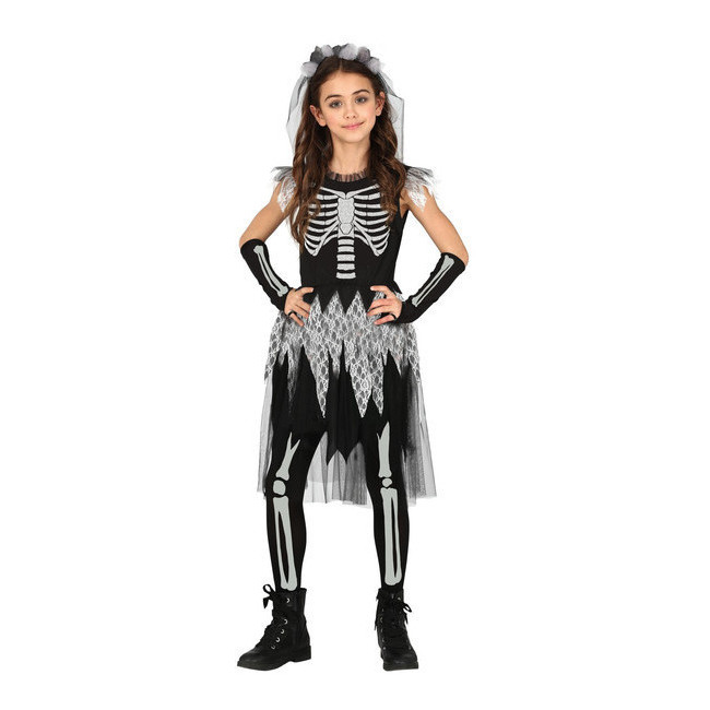 Vista frontal del disfraz de esqueleto con velo en tallas 5 a 12 años
