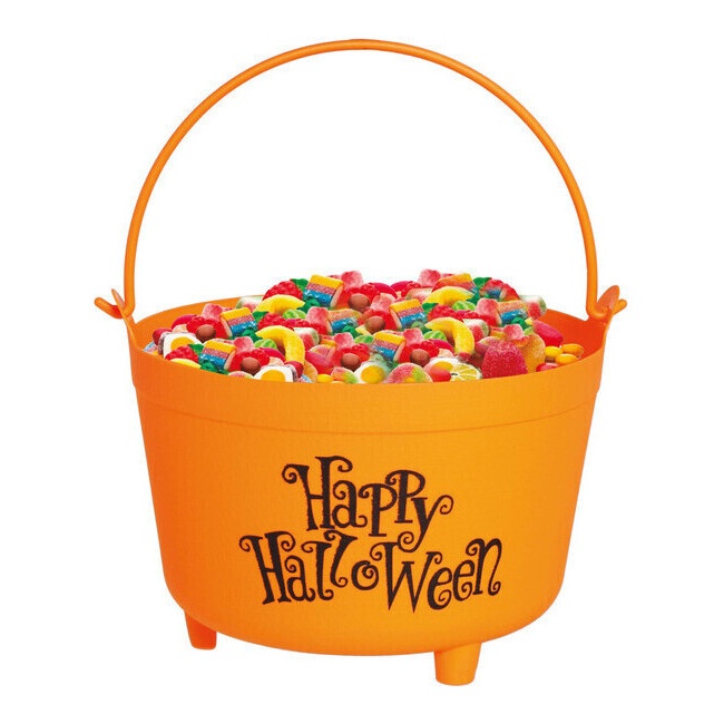 Vista principal del caldero de Happy Halloween naranja de 30 cm en stock