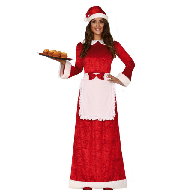 Vista principal del disfraz de Mamá Noel con vestido y delantal en stock