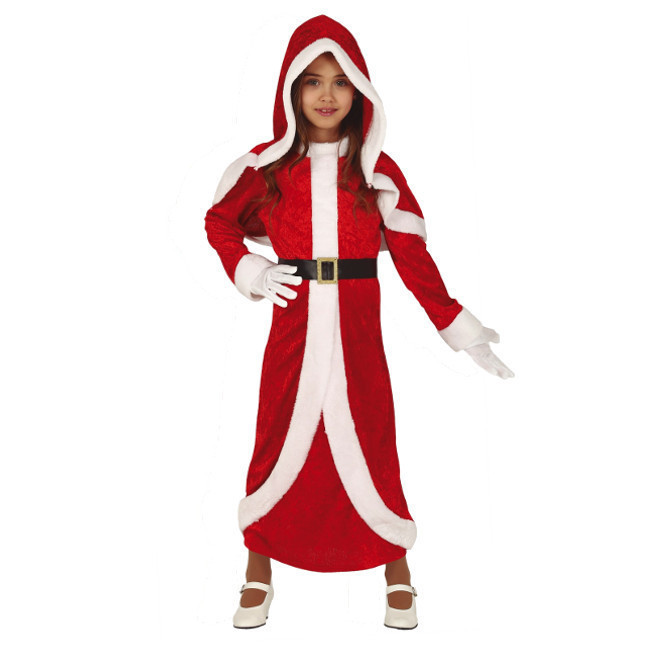 Vista principal del disfraz de Mamá Noel con capa y capucha en tallas 5 a 12 años