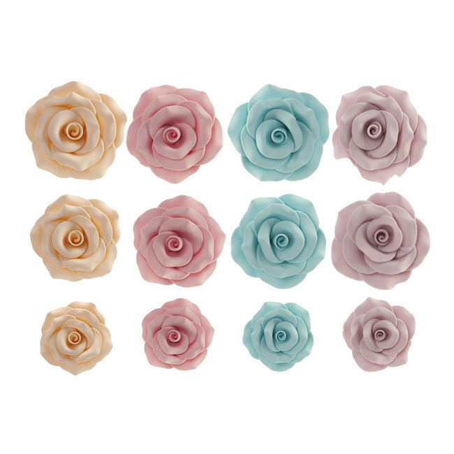 Vista frontal del figuras de azúcar de rosas tonos pastel - Dekora - 12 unidades en stock