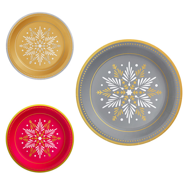 Vista delantera del platos de estrella de Navidad de 23 cm - Maxi Products - 6 unidades en color dorado, plateado y rojo