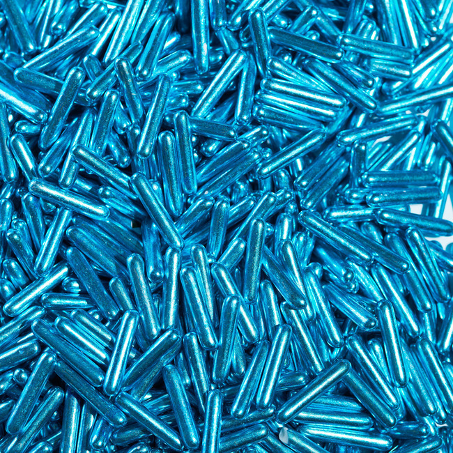 Vista delantera del sprinkles de palitos metalizados de 90 gr - Happy Sprinkles en color azul, dorado, plateado y verde