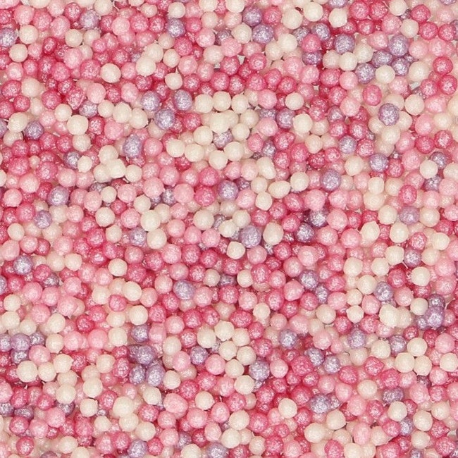 Vista frontal del sprinkles de perlas mini de 80 gr - FunCakes en color amarillas, blancas y verdes, azules, blancas y rojas, blancas y plateadas, blancas, fucsias y rosas, blancas, fucsias, rosas y lila y multicolor