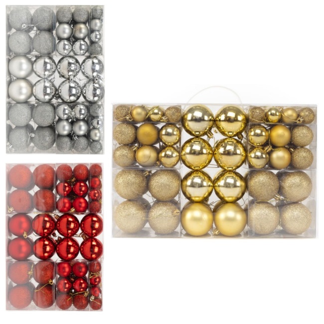 Vista frontal del bolas de Navidad de diferentes tamaños - 100 unidades en color dorado, plateado y rojo