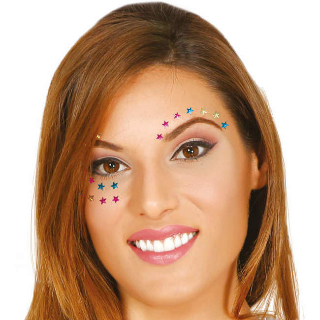 Vista delantera del joyas faciales adhesivas de estrellas de colores en stock