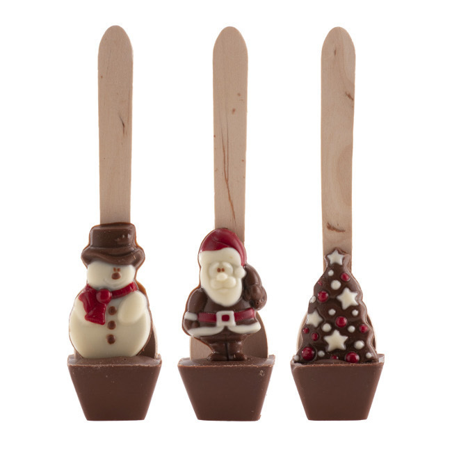 Vista delantera del cucharas de chocolate navideñas surtidas de 40 gr - Dekora - 12 unidades en stock