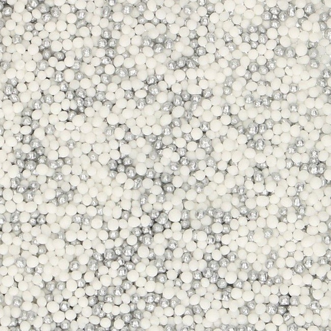 Vista frontal del sprinkles de perlas mini de 80 gr - FunCakes en color amarillas, blancas y verdes, azules, blancas y rojas, blancas y plateadas, blancas, fucsias y rosas, blancas, fucsias, rosas y lila y multicolor