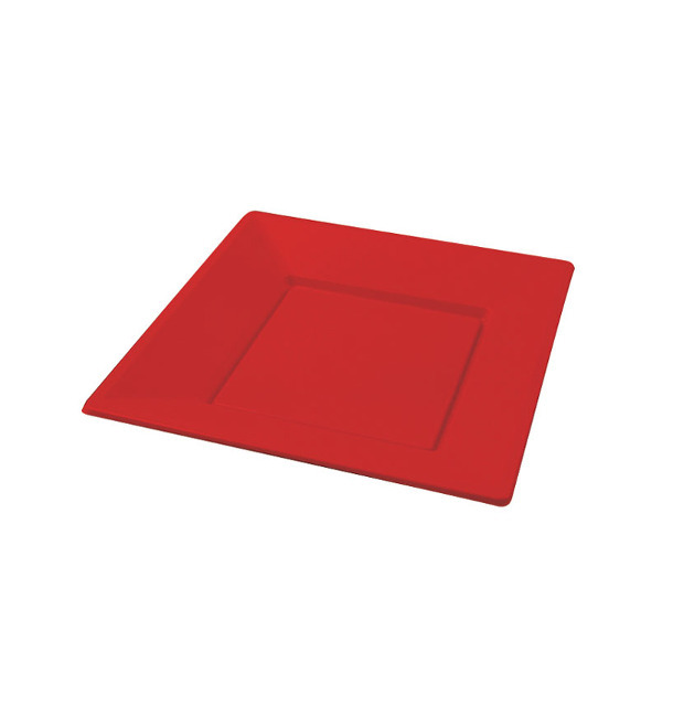 Vista delantera del platos cuadrados de 17 cm - Maxi Products - 25 unidades en color blanco y rojo
