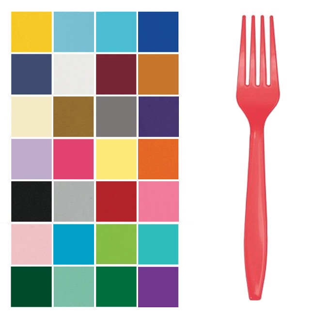 Vista delantera del tenedores de plástico de 18 cm - 24 unidades en color amarillo, azul bebé, azul marino, blanco, dorado, lila, naranja, negro, plateado, rojo, rosa, rosa bebé, verde, verde menta y verde oscuro