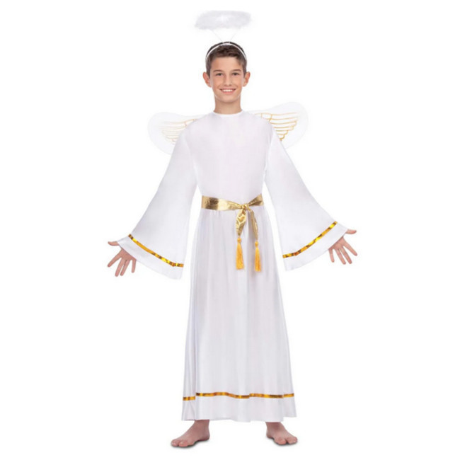 Vista delantera del disfraz de ángel blanco y dorado en tallas 3 a 12 años