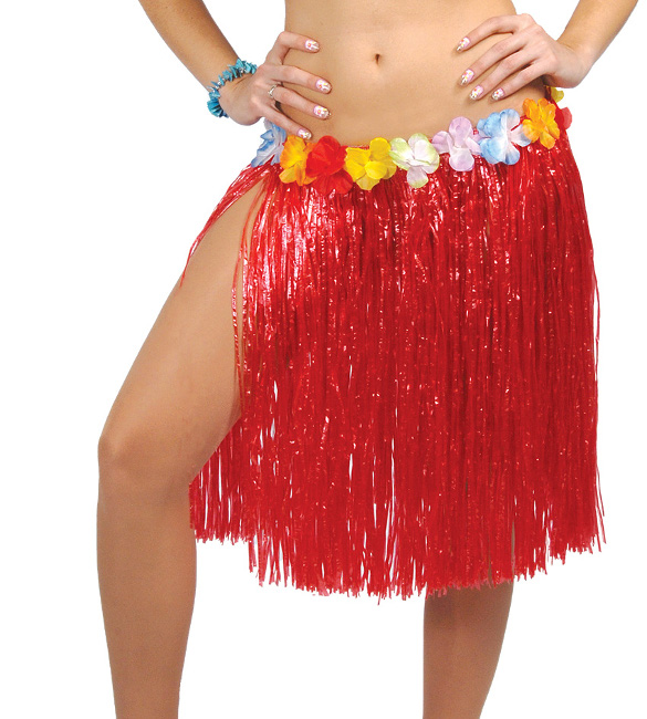 Vista delantera del falda hawaiana corta - 55 cm en color amarillo, azul, multicolor, paja, rojo y verde