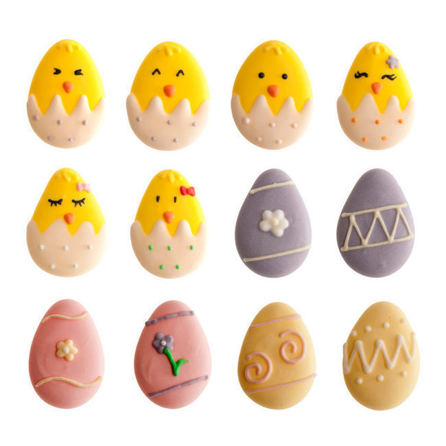 Vista frontal del figuras de azúcar de huevos de Pascua - Dekora - 48 unidades en stock