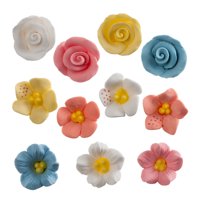 Vista principal del figuras de azúcar de flores y rosas surtidas de 2 cm - Dekora - 128 unidades en stock