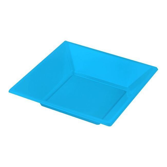 Vista delantera del platos cuadrados hondos de 17 cm - Silvex - 4 unidades en color azul, fucsia, lila, plateado y verde