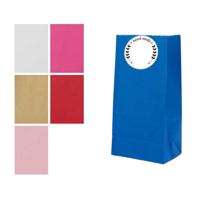 Vista frontal del bolsas de papel en color azul, blanco, fucsia, kraft, rojo y rosa