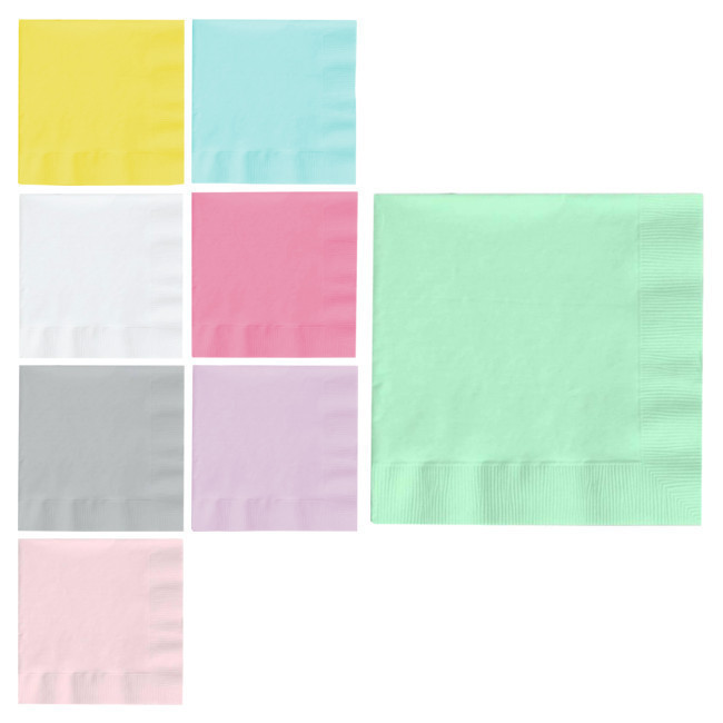 Vista frontal del servilletas compostables Meri de 16,5 x 16,5 cm - 20 unidades en color amarillo, azul, blanco, fucsia, gris, lila, rosa y verde