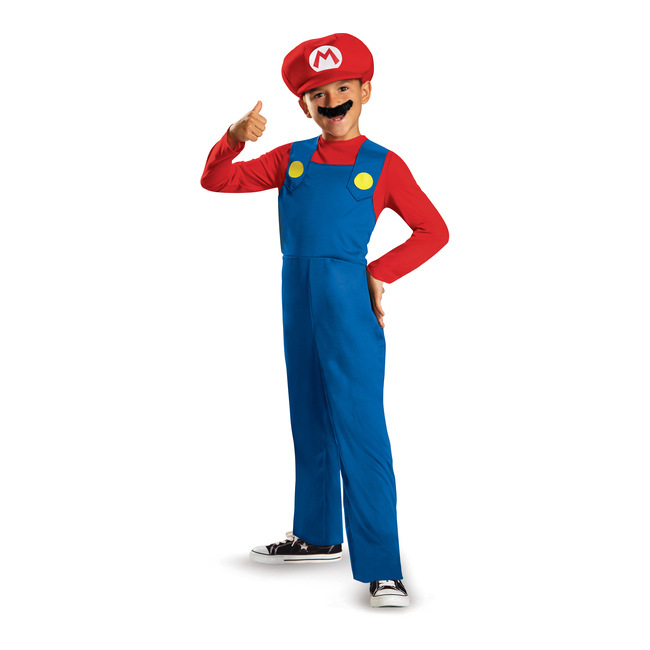 Vista frontal del disfraz de Súper Mario Bros infantil en tallas 4 a 12 años