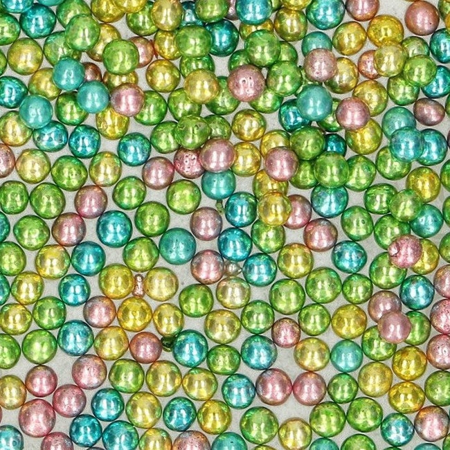 Vista delantera del sprinkles de perlas de colores metalizados de 80 gr - FunCakes en color azul, dorado, multicolor, rosa y verde