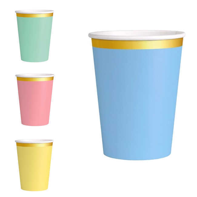 Vista principal del vasos en color amarillo, azul, rosa y verde