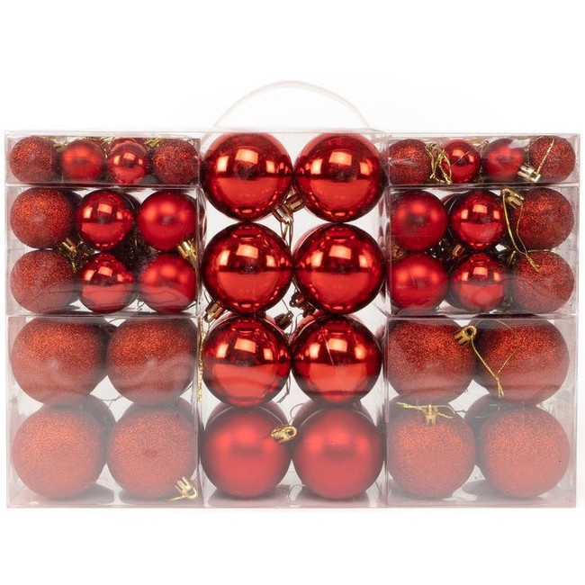 Vista frontal del bolas de Navidad de diferentes tamaños - 100 unidades en color dorado, plateado y rojo