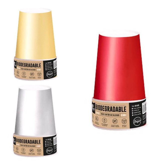 Vista principal del vasos metalizados de 270 ml - Maxi Products - 6 unidades en color dorado, plateado y rojo