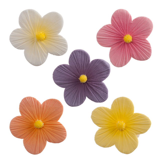 Vista delantera del figuras de azúcar de flor colorida de 4 cm - Dekora - 75 unidades en stock