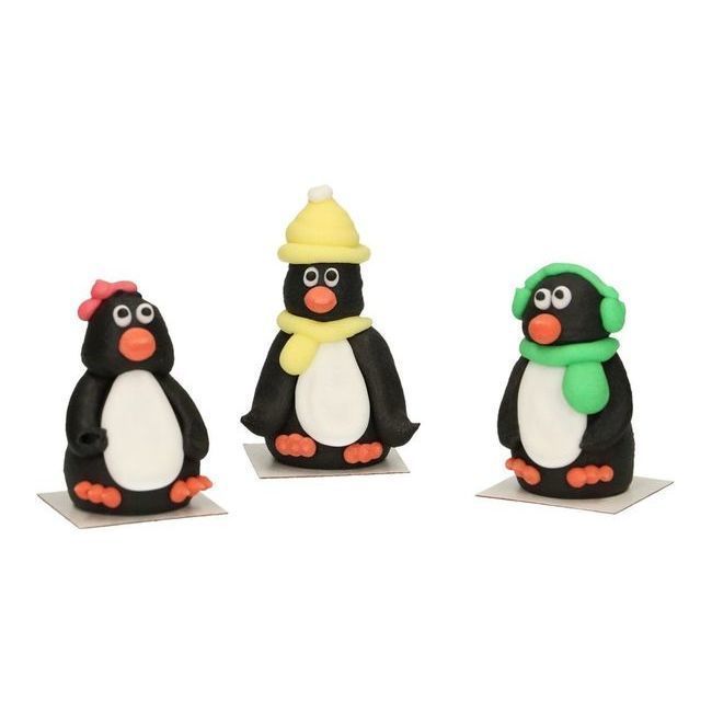 Vista delantera del figuras de azúcar 3D de pingüinos - FunCakes - 3 unidades en stock