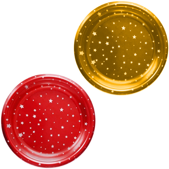 Vista delantera del platos de estrellas de 18 cm - 6 unidades en color dorado y rojo