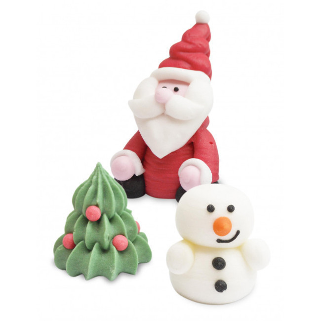 Vista frontal del figuras de azúcar 3D de Papá Noel, árbol y muñeco de nieve de 3,5 cm - Scrapcooking - 3 unidades en stock
