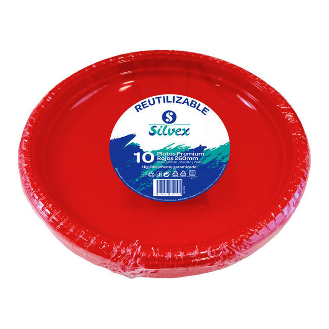 Vista delantera del platos redondos de 26 cm reutilizables - Silvex - 10 unidades en color blanco, celeste, fucsia, lila, negro y rojo