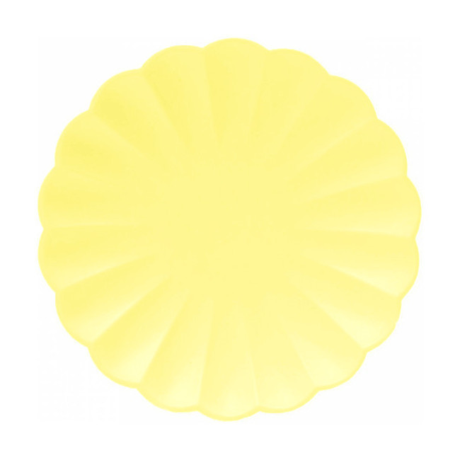 Vista frontal del platos redondos compostables Meri de 23 cm - 8 unidades en color amarillo, azul, blanco, fucsia, gris, lila, rosa y verde