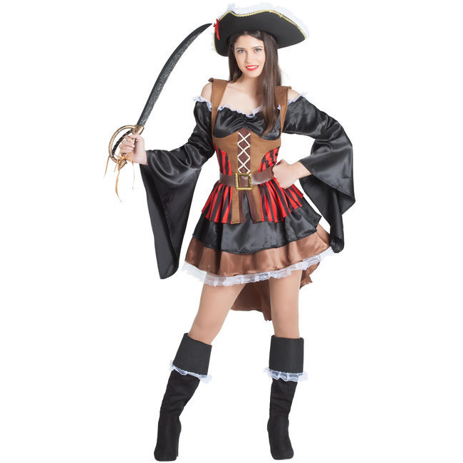Vista frontal del disfraz de corsario pirata negro con mangas anchas disponible también en talla XL